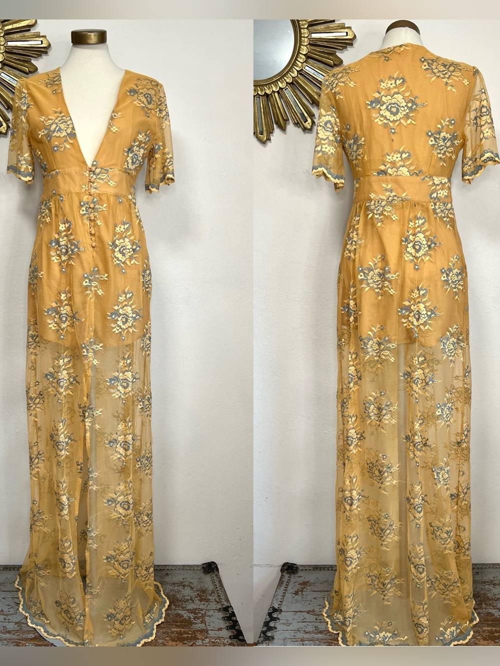 Promesa Mustard Yellow Floral V-Neck Maxi Romper Dress